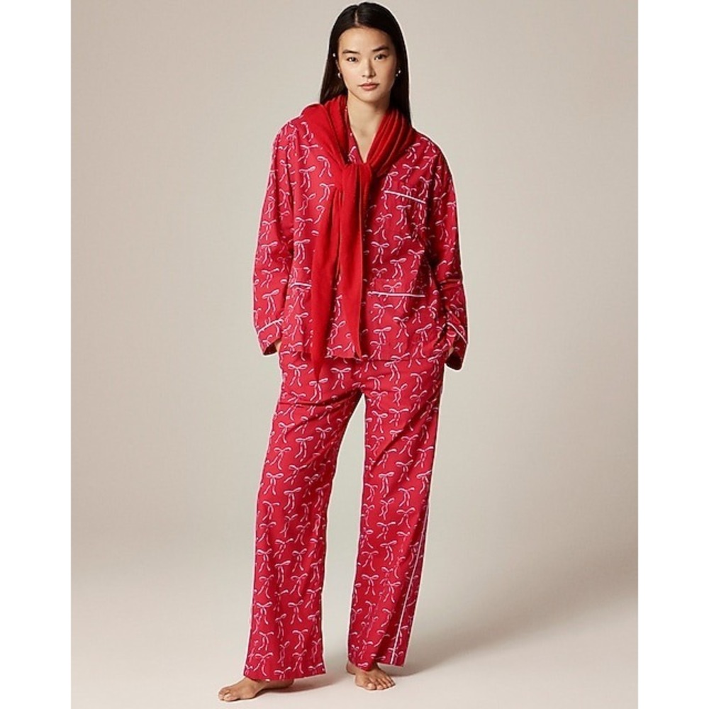 J.Crew Red White Bow Print‎ Cotton Pajama Set Womens Medium Long Sleeve Pants